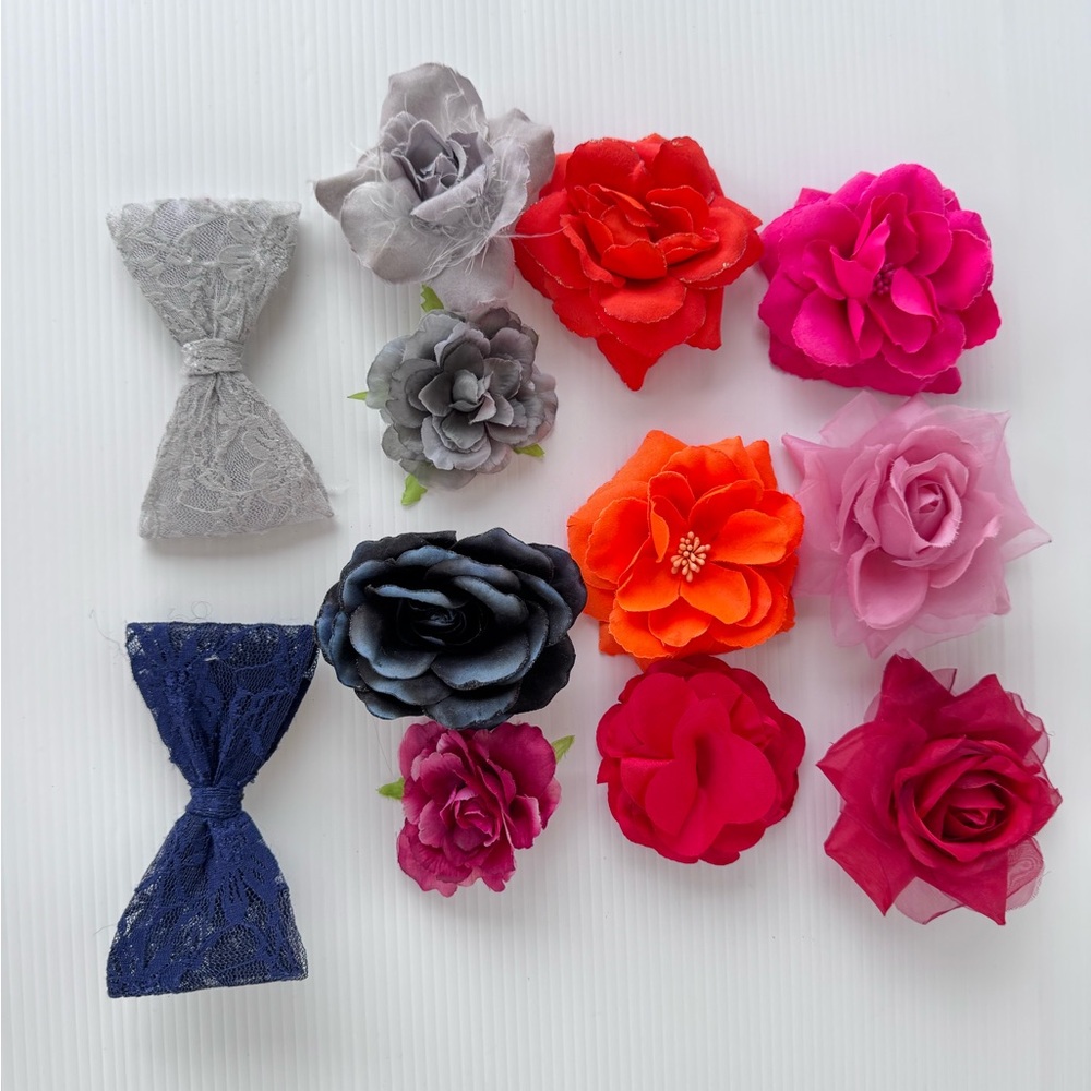 Lot of 12 Fabric Flower Hair Clips Lace Bow Rose Floral Accessories GREAT COND